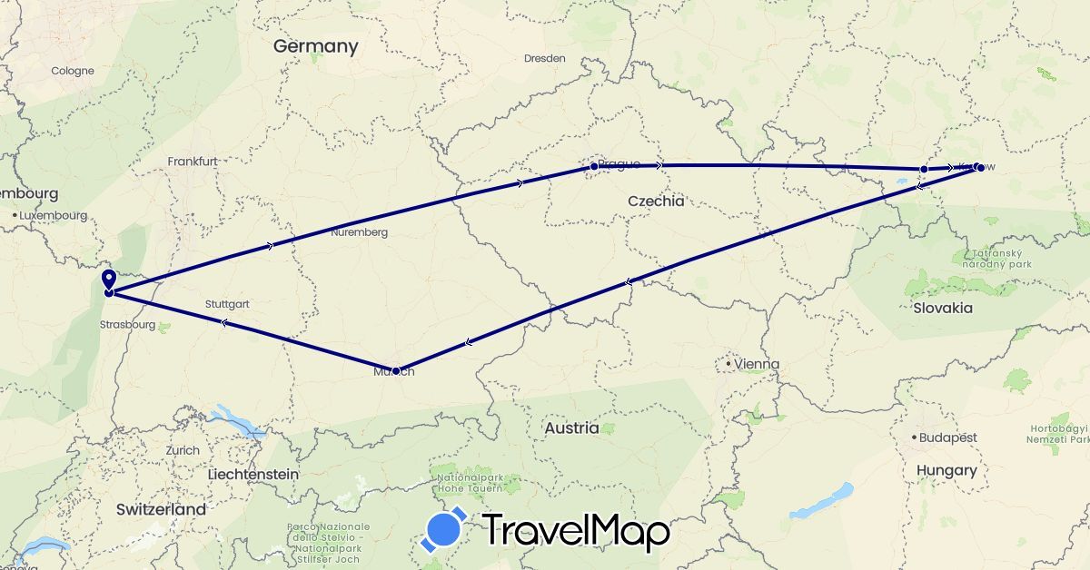 TravelMap itinerary: driving in Czech Republic, Germany, France, Poland (Europe)